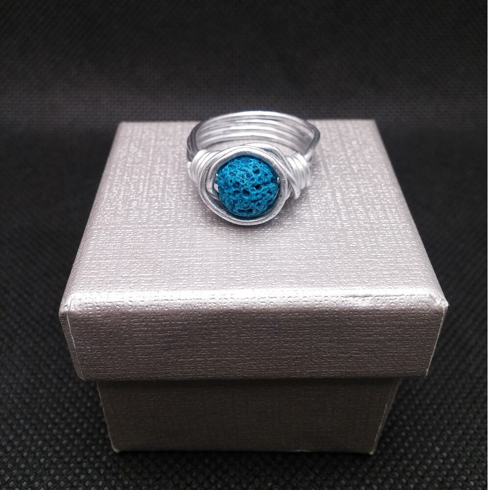 Solitaire Lava Stone Diffuser Ring Artisan Silver Tone Wire Turquoise Blue NEW